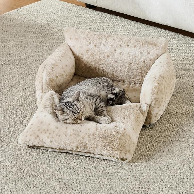 Hollypet Cat Bed Fluffy Plush Multifunctional Double-Layer Machine Washable Soft Warming Kitty Pet Couch Orthopedic Nest Beds for Small Cats Kitten and Dogs up to 13lbs, Leopard(21x15x8 inch)