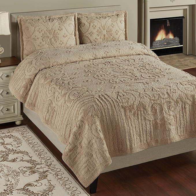 Lorenza Pure Cotton Chenille Bedding | Neutral Sand | Soft Tufted Scrollwork, Floral, and Stripe Designs | Solid Color 3-Piece Quilted Bed Set includes Oversized Queen Quilt & 2 Standard Pillow Shams