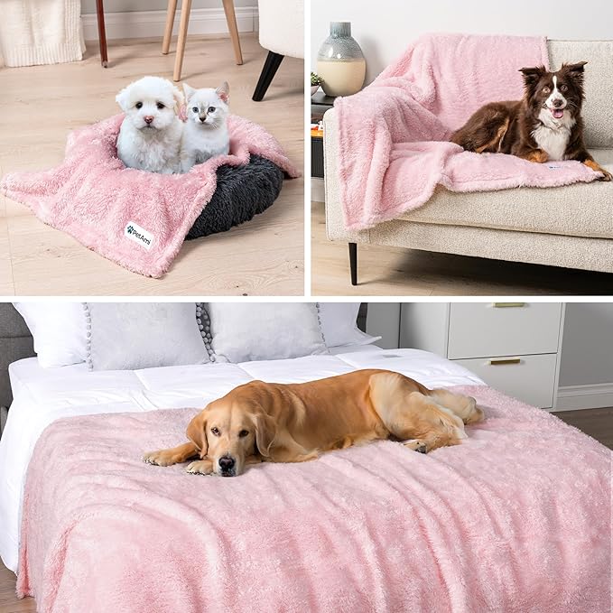 PetAmi Fluffy Waterproof Dog Blanket for Couch and Bed, Reversible Sherpa Pet Throw, Pee Proof Furniture Protector Sofa Cover, Washable Cat Blanket for Small Medium Dogs and Cats (Pink Blush, 29x40)