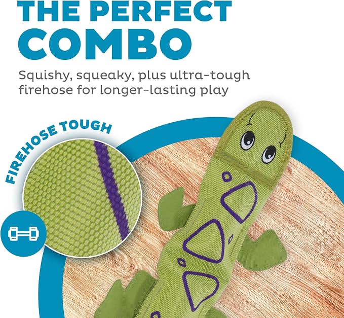 Outward Hound Fire Biterz Green Lizard Plush Firehose Material Interactive Dog Toy, Large