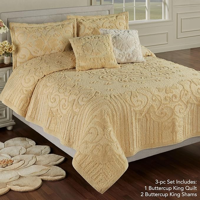 Lorenza Pure Cotton Chenille Bedding | Buttercup Yellow | Soft Tufted Scrollwork, Floral and Stripe Designs | Solid Color 3-Piece Quilted Bed Set includes Oversized King Quilt and 2 King Pillow Shams