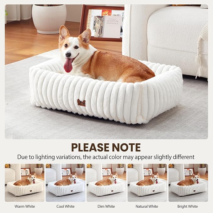 Dog Bed Medium Size Dog, Rectangle Orthopedic Pet Bed for Car and Indoor, Comfort Fluffy Memory Foam Dog Beds with Anti-Slip Bottom, Cream(30x24x8inchs)