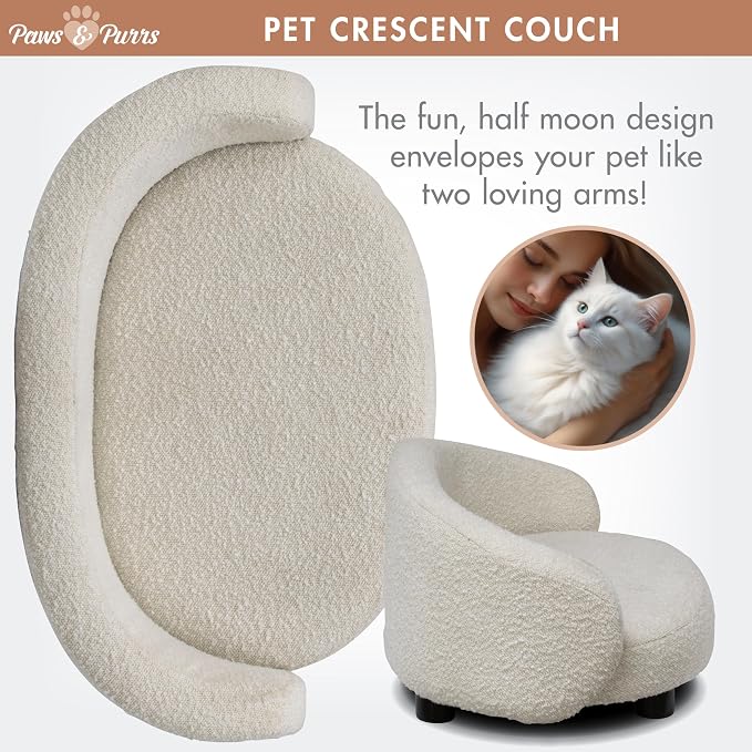 Paws & Purrs Arc Crescent Back Sofa Style Pet Bed, Dog & Cat Modern Couch with Tufted Cushion & Armrest, Stylish Indoor Pet Furniture, Boucle Ivory