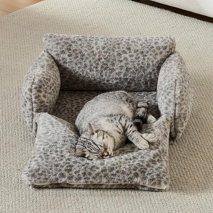 Hollypet Cat Bed Fluffy Plush Multifunctional Double-Layer Machine Washable Soft Warming Kitty Pet Couch Orthopedic Nest Beds for Small Cats Kitten and Dogs up to 13lbs, Snow Leopard(21x15x8 inch)