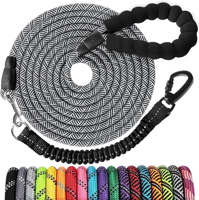 Long Dog Leash 20 FT: Heavy Duty Rope Leashes for Dogs Training with Swivel Lockable Hook Reflective Threads Bungee and Padded Handle - Dog Lead for Large Small Medium Dogs Outside Walking Hiking Grey