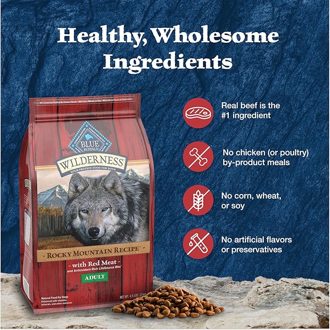 Blue Buffalo Wilderness Rocky Mountain Recipe Adult Dry Dog Food with Red Meat & Wholesome Grains, 34g Protein, Vibrant Energy for an Active Life, Made with Natural Ingredients, 4.5 lbs.