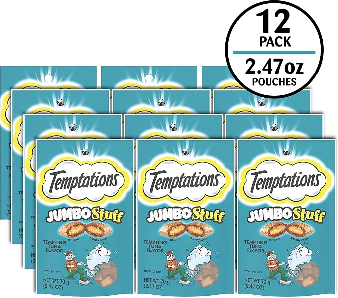 Temptations Jumbo Stuff Crunchy and Soft Cat Treats, Tempting Tuna Flavor, 2.5 oz. Pouch (Pack of 12)
