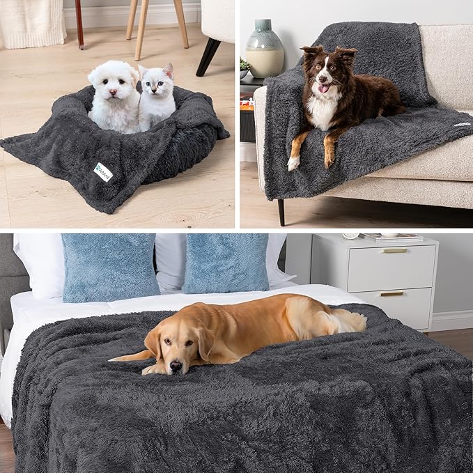 PetAmi Fluffy Waterproof Dog Blanket for Couch and Bed, Reversible Sherpa Pet Throw, Pee Proof Furniture Protector Sofa Cover, Washable Cat Blanket for Medium Large Dogs and Cats (Grey, 60x80)