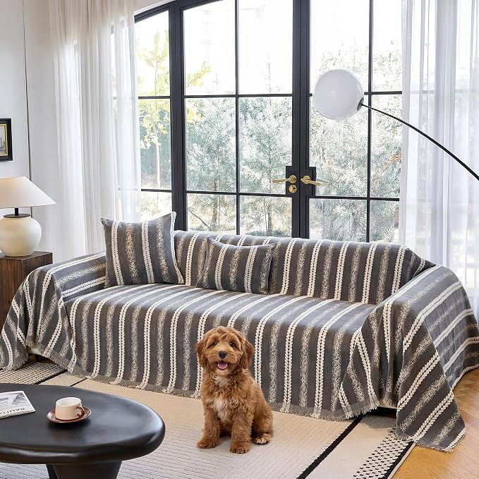 Couch Cover for Dogs Washable Sofa Cover, Sectional Couch Covers, Sofa Covers for 2 Cushion Couch, Non Slip Stripe Sofa Slipcovers Furniture Protector (Dark Gray, 75 * 118)