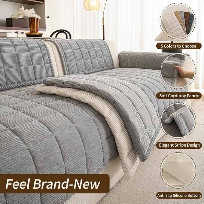 Velvet Couch Covers for Sectional Sofa Washable, Non-Slip L Shaped Sectional Couch Cover, Soft Pet Couch Covers for Sofa, Furniture Slipcovers for 3 Cushion Couch(1PC,35"x83",Light Grey)