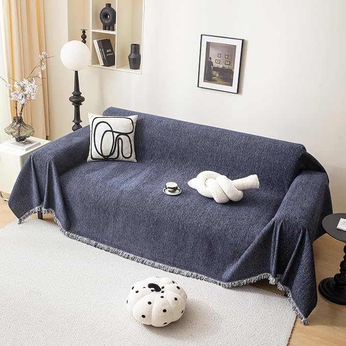 MEETSKY Couch Cover 91 Inch Large Couch Covers for 3 Cushion Couch with Tassel Edge, Modern Couch Cover for Dogs Washable Sofa Slipcover for Cats Universal Sofa Throw Cover, 71"x150", Navy