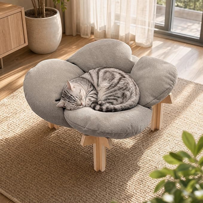 JUNSPOW Elevated Cat Bed for Indoor & Outdoor Cats, Removable Soft Cushion with Wooden Stand, Suitable and Comfortable Pet Bed for Kitty and Puppy, Holds Up to 40lbs with Ease