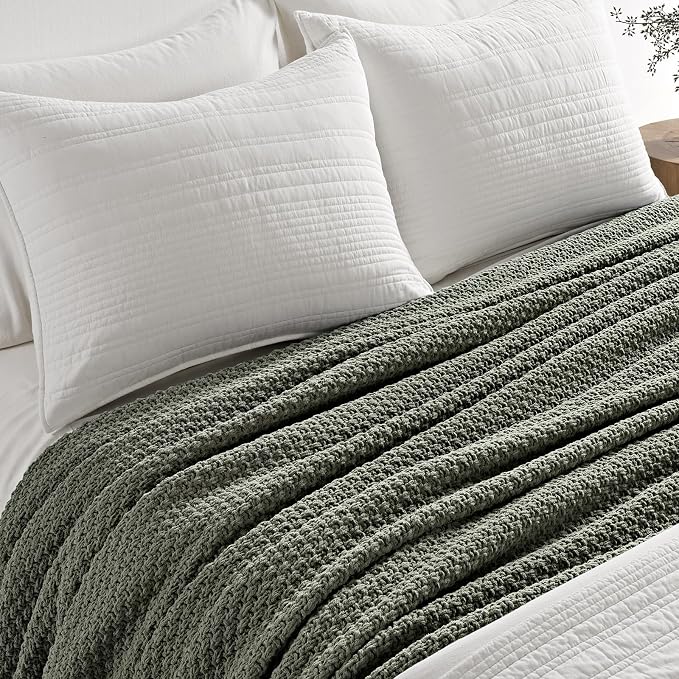 EVERGRACEHOME Chunky Polyester Knit Throw Blanket for Couch, Soft Luxurious Oversized King Moss Stitch Blanket for Bed, Large Cozy Farmhouse Knitted Throw for Sofa, Dried Thyme, 108" x 92"