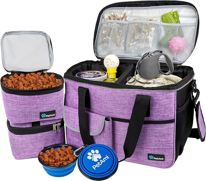 PetAmi Dog Travel Bag Organizer, Pet Travel Kit with 2 Food Containers & 2 Collapsible Dog Bowls, Pet Supplies Tote with Luggage Sleeve, Weekend Road Trip Camping Essentials, Purple, Medium