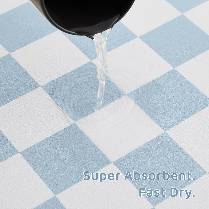 Checkered Dog Feeding Mat, Absorbent Mats for Dog Food and Water Bowl, Dispenser, Retro Aesthetic Cute Blue Checkerboard Pet Placemat for Dogs, Cats, Puppy Accessories, 12" X 19”