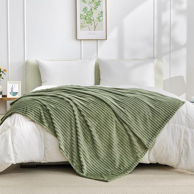Bnuitland Sage Green Flannel Throw (50X71 inches) with Pillow Cover(18×18"),300GSM Super Soft Fleece Stripe Pattern Sofa Blanket, Lightweight Cozy Bed Throw for Home Decor All Season