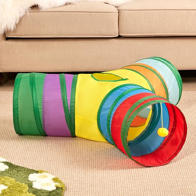Tempcore Cat Tunnel for Indoor Cats, 3 Way Collapsible Pet Play Tunnel with Teaser Wand, Peek Holes & Hanging Ball, Interactive Tube for Kittens & Rabbits, Rainbow