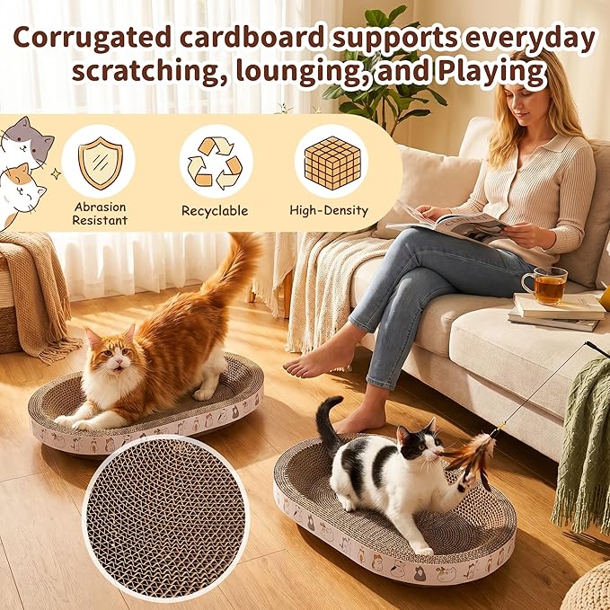 PatiencET Oval Cat Scratcher Lounge for Indoor Cats, Corrugated Cardboard Cat Scratch Pad Bed with Catnip, Cat Scratching Board for Scratching, Stretching, Playing and Lounging, 17 x 12 Inch