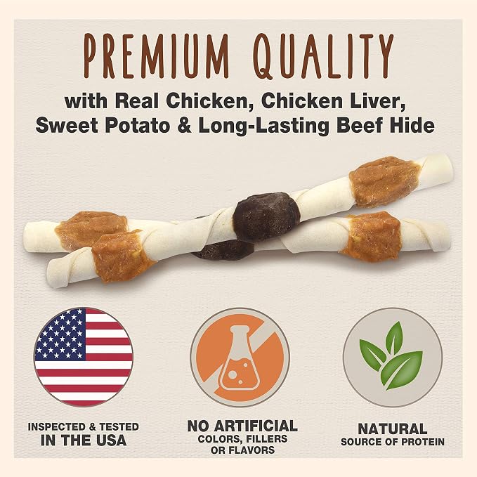 Cadet Gourmet X-Large Triple-Flavored Beef Hide Shish Kabob Dog Treats - Healthy & Natural Chicken, Liver, & Sweet Potato Dog Treats for Dogs Over 30 lbs., 10 in. (2 Count) (Pack of 3)