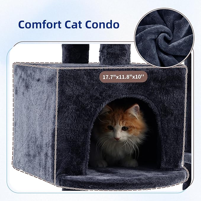 Gitelsnour Cat Tree for Indoor Cats, 55.1 inch Cat Tower with 7 Sisal Scratching Posts, Multi-level Cat Condo wit Large Play Platform Furry Ball, Cat Cave, 2 Padded Perches, Basket, Smoky Gray GCT013G