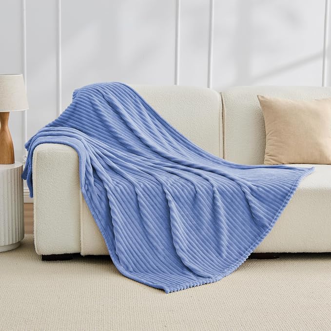 Bnuitland Fleece Throw Blanket for Couch, 300GSM Soft Warm Cozy Fluffy Throw for Adults & Kids, Stripe Pattern, All Season Sofa Bed Blanket for Home Decor, Sky Blue 50"x60"