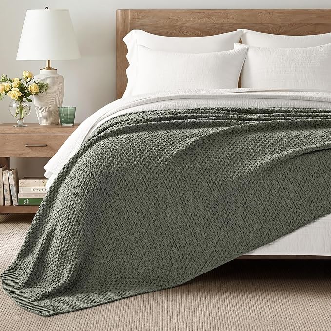 EVERGRACEHOME Chunky Chenille Knit Throw Blanket for Couch, Soft Luxurious Oversized Queen Moss Stitch Blanket for Bed, Cozy Farmhouse Knitted Throw for Sofa, Dried Thyme, 90" x 90"