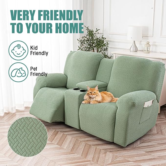 Genina Recliner Loveseat Covers with Console, Stretch Reclining Sofa Covers, 2 Seater Couch Cushion Stripe Jacquard Recliner Slipcovers - Furniture Protector Covers for Pet(Matcha Green)