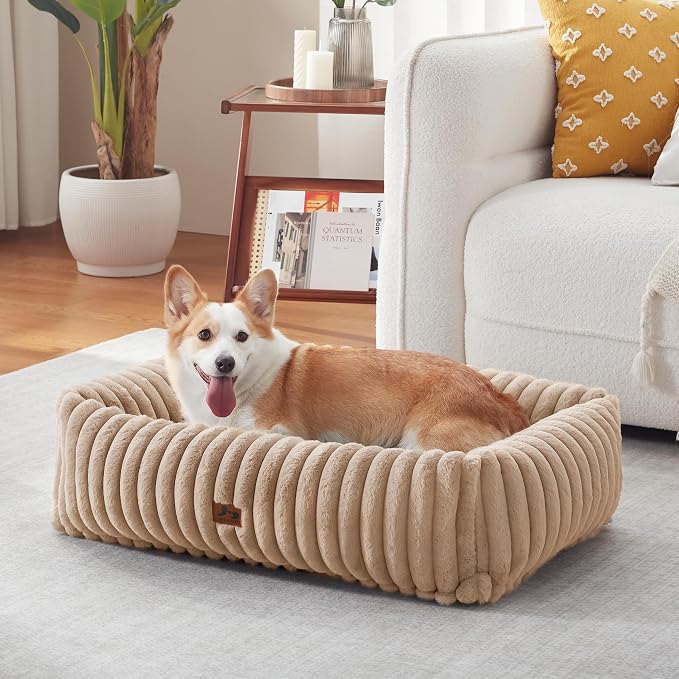 Dog Bed Medium Size Dog, Rectangle Orthopedic Pet Bed for Car and Indoor, Comfort Fluffy Memory Foam Dog Beds with Anti-Slip Bottom, Camel(30x24x8inchs)