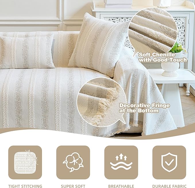 Couch Cover for Dogs Washable Sofa Cover, Sectional Couch Covers, Sofa Covers for 2 Cushion Couch, Non Slip Stripe Sofa Slipcovers Furniture Protector (Beige, 71x118)