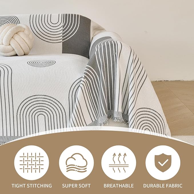 VANJOROY Boho Couch Sofa Cover for 3 Cushion Sectional Sofa L-Shape -Washable Chenille Couch Cover for Dogs Pets, Boho Couch Cover Protector Soft Grey Sofa Slipcovers with Tassel,91"x 134"