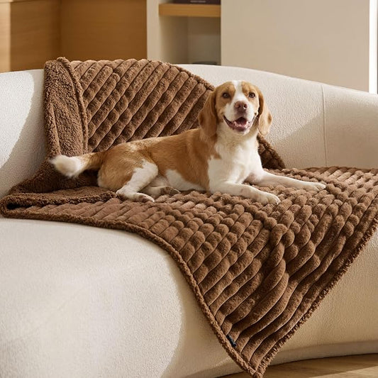 Bedsure ComfyFleece™ Waterproof Dog Blankets for Large Dogs - Soft Pet Cat Blanket Corduroy Fleece for Couch Protector Washable, Cozy Calming Reversible Furniture Protection,40"x50", Camel Brown