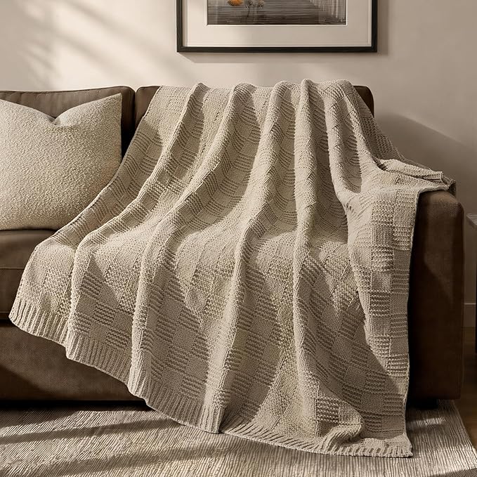 EVERGRACEHOME Modern Checkered Chenille Throw Blanket, Soft Cozy Plaid Knitted Blanket for Sofa & Couch, Decorative Knit Throw for Bed and Living Room, Sand Dune, 60" x 80"
