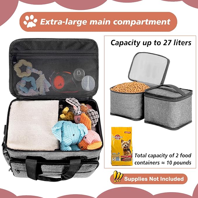 5 Set Dog Travel Bag for Supplies, Dog Lovers, Large Pet Travel Kit Includes 2 Food Containers&2 Collapsible Bowls、Placemats,Grey
