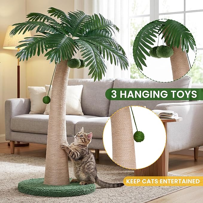 43 Inch Tall Cat Scratching Post for Indoor Large Cats, Natural Sisal Scratch Post with Hanging Toys, Stable Base Cat Scratcher for Kittens & Adult Cats, Tropical Cat Tree Furniture