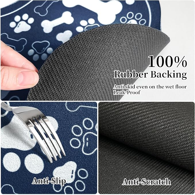 Dog & Cat Food Mat Bone Shaped Pet Feeding Mat Quick Absorb Water Bowl Placemat with Rubber Backing Indoor Floor Stain Resistant Pet Accessory Supplies (Blue, 16x24 Inches)