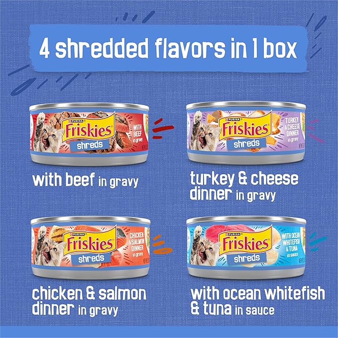 Friskies Purina Wet Cat Food Variety Pack, Shreds with Beef, Turkey & Cheese Dinner, Chicken & Salmon Dinner, and with Ocean Whitefish and Tuna - 5.5 oz. Cans (Pack of 80)