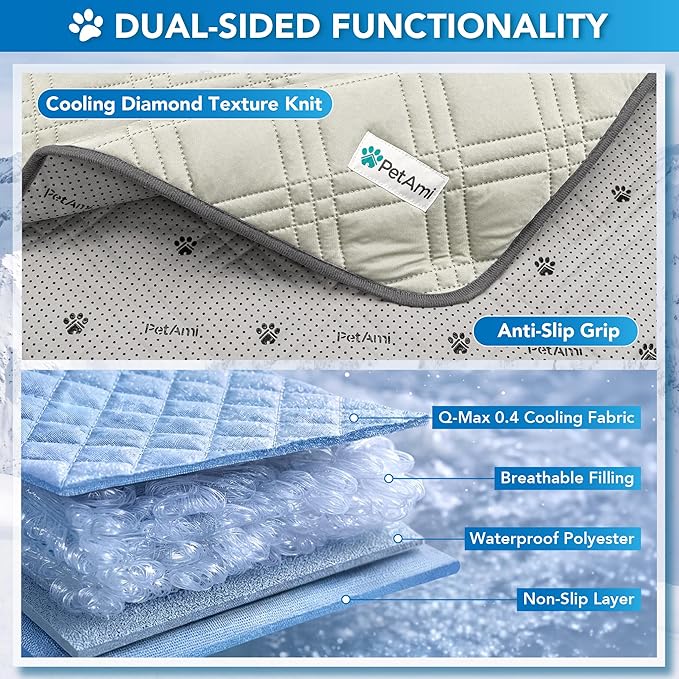 PetAmi Dog Cooling Mat, Waterproof Self Cooling Dog Pad with Non-Slip Backing, Q-Max >4.0 Pet Cooling Mat for Crate, Couch, Kennel & Car, Indoor Outdoor Summer Use, Beige, 60x80