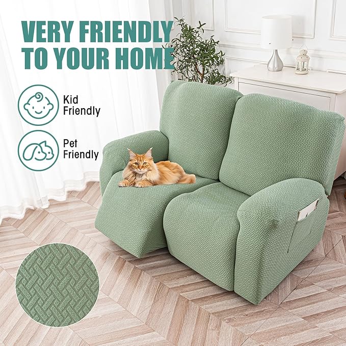 Genina Recliner Loveseat Cover Stretch Couch Covers Sofa slipcover for 2 Seat Reclining Couch Thick Jacquard Furniture Protector (Matcha Green)