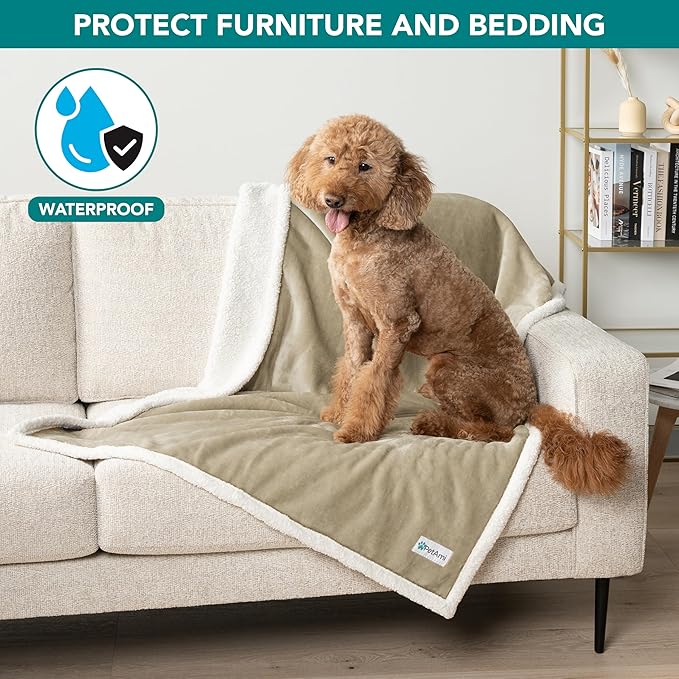 PetAmi Waterproof Dog Blanket for Couch, Large 60x40, Pee Proof Sherpa Fleece Reversible Pet Throw, Furniture Protector for Bed Sofa Kennel, Soft Washable Cover for Medium Dogs Cats, Taupe