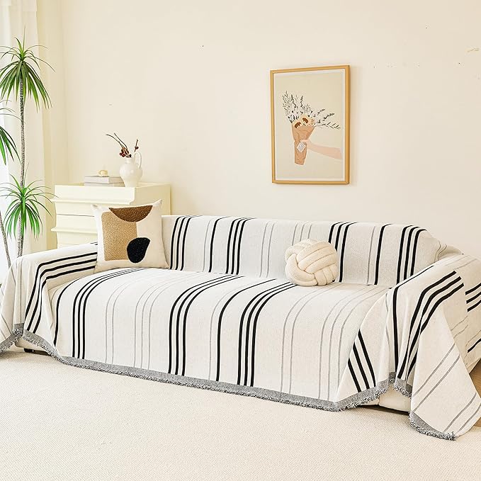 VANJOROY Couch Sofa Cover for 3 Cushion Sectional Sofa L-Shape -Washable Chenille Couch Cover for Dogs Pets, Boho Couch Cover Protector Soft Sofa Slipcovers with Tassel,71"x 134"