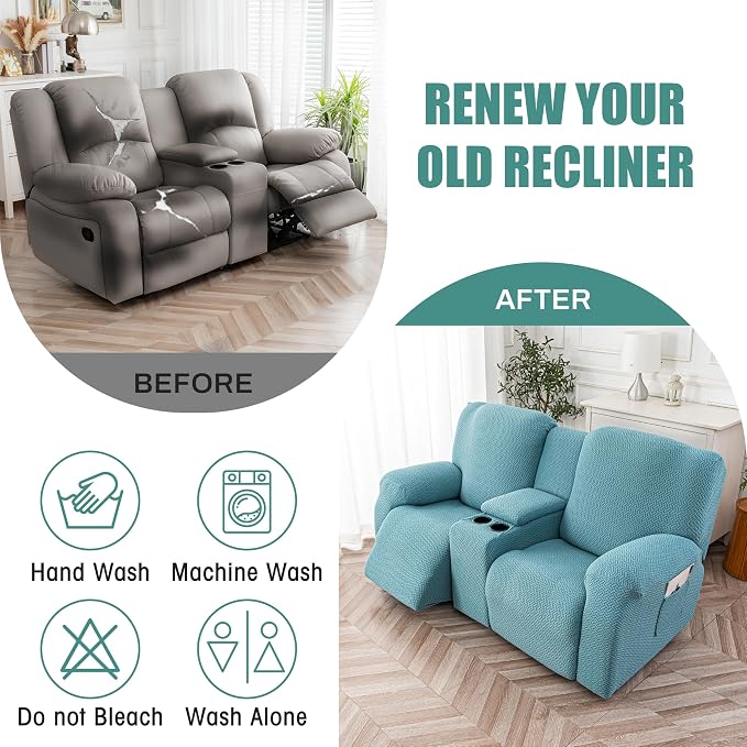Genina Recliner Loveseat Covers with Console, Stretch Reclining Sofa Covers, 2 Seater Couch Cushion Stripe Jacquard Recliner Slipcovers - Furniture Protector Covers for Pet(Light Blue)