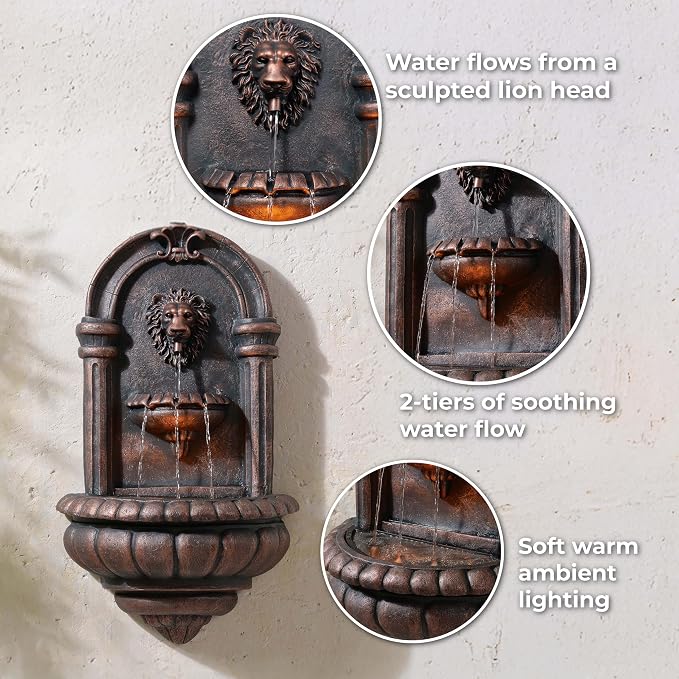 Teamson Home 32.1 in. Wall-Mounted Lion Head Stone LED Outdoor Water Fountain for Gardens, Landscaping, Patios, Balconies, Lawns to Create a Calming Oasis in Outdoor Living Spaces, Antique Bronze