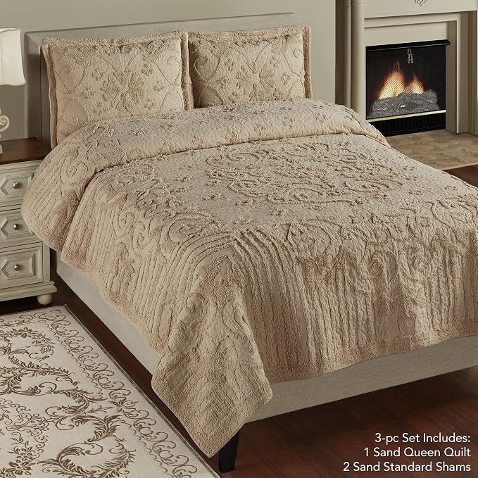Lorenza Pure Cotton Chenille Bedding | Neutral Sand | Soft Tufted Scrollwork, Floral, and Stripe Designs | Solid Color 3-Piece Quilted Bed Set includes Oversized Queen Quilt & 2 Standard Pillow Shams