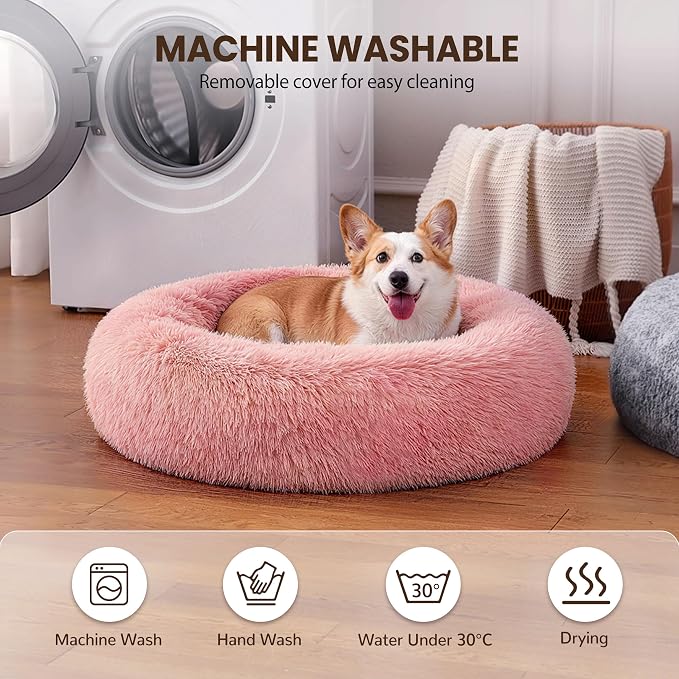 Donut Dog Bed Medium Size Dog, Round Cat Beds for Small Medium Dogs and Cats with Washable Fluffy Faux Fur, Cute Comfort Pet Bed with Anti-Slip Bottom, Pink, 30"