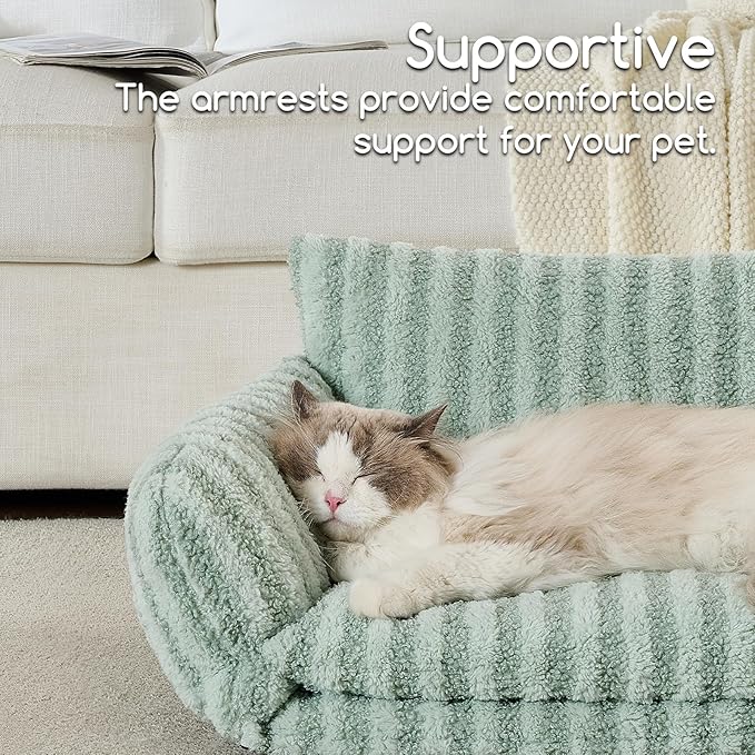 Hollypet Cat Bed Fluffy Plush Multifunctional Double-Layer Machine Washable Soft Warming Kitty Pet Couch Orthopedic Nest Beds for Small Cats Kitten and Dogs up to 13lbs, Light Green(25x20x13 inch)