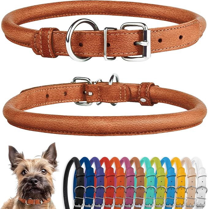 CollarDirect Rolled Leather Dog Collar, Soft Padded Round Puppy Collar, Handmade Genuine Leather Collar Dog Small Large Cat Collars 13 Colors (6-7 Inch, Cinnamon Textured)
