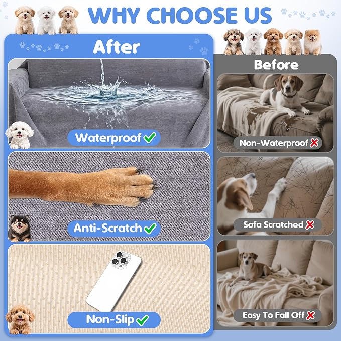 Loiion 100% Double-Sided Waterproof Dog Sofa Cover - Anti-Slip, Leakproof Couch Cover, Pet-Friendly Couch Protectors for Puppy, Large Dog, Kids and Pets134 X71