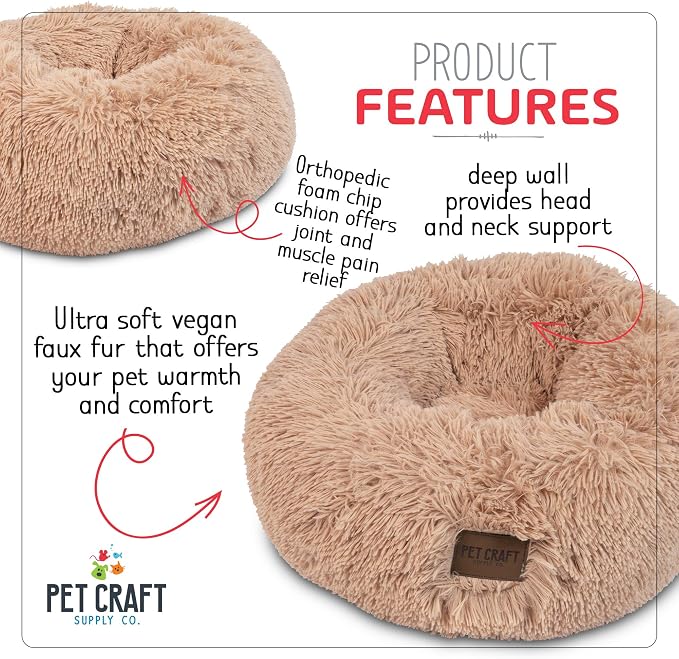 Pet Craft Supply Ultra Plush Calming Anti-Anxiety Pet Bed - Includes Super Soft Comfort Blanket - Great Medium Dog Bed Small Dog and Cat Bed;Cream