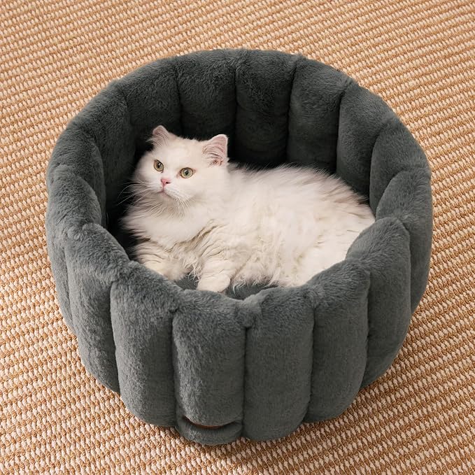 ZOMISIA Cute Cat Beds for Indoor Cats, Striped Small Donut Dog Bed for Puppy and Kitten, Anti-Slip Bottom, Grey