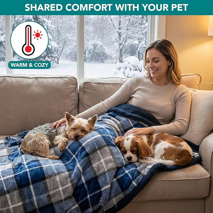 PetAmi Waterproof Dog Blanket for Couch, Extra Large 80x60, Pee Proof Sherpa Fleece Reversible Pet Throw, Furniture Protector for Bed Sofa Crate Kennel, Soft Washable Cover for Dogs, Plaid Blue